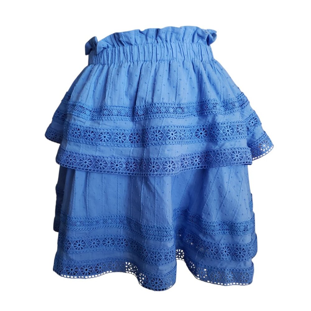 The Shirt By Rochelle Behrens Skirt Medium Blue Ruffle Embroidered Lined Boho